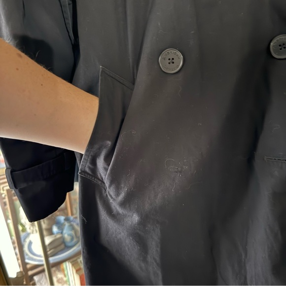 American Living Long Black Trench Coat with Collar & Back Storm Flap Vintage - Picture 6 of 16